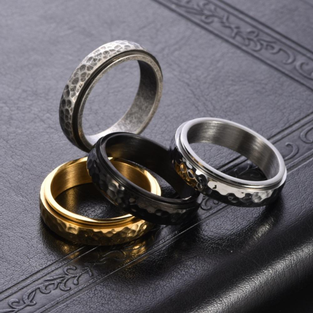 Винтажное кольцо унисекс из титановой стали с кованой текстурой ручной работы и вращающимся элементом в виде сот