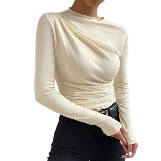Women Solid Color Bottom Shirt Half High Collar Long Sleeve Bottoming Top Solid Color Slim Fit Pleated Pullover Tops