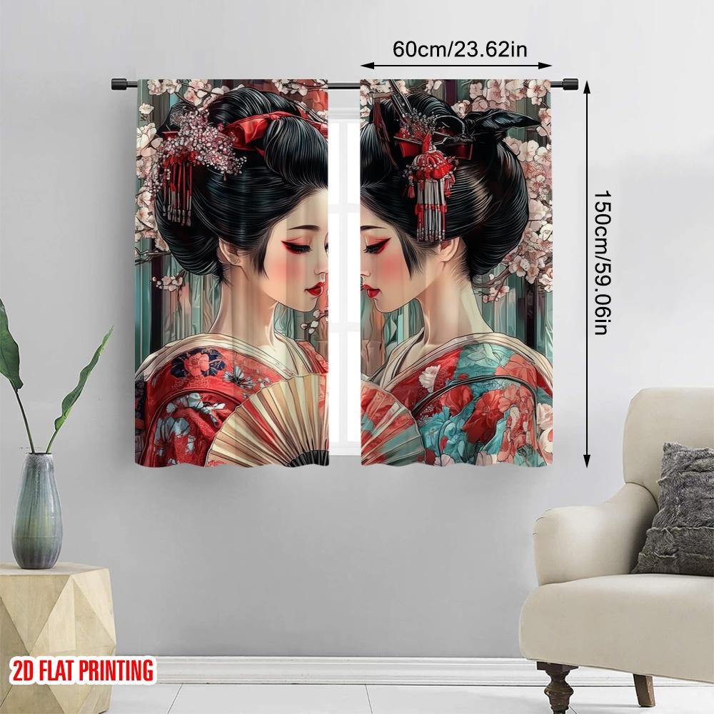 2 шт., шторы с рисунком плоской 2D-печати, Гейша-близнецы, прочный полиэстер (без стержня) Праздничный для разных комнат, Современный