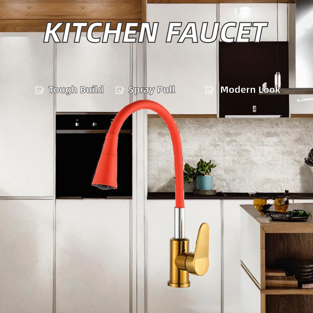 Contemporary Dual Kitchen Faucet with Rotating Pull Down Spray Deck Mounted for Hot/Cold Water in Bathroom Hotel & Mall Use