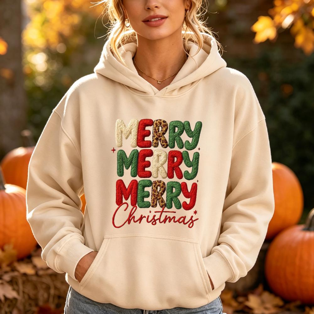 Merry Christmas Leopard Letter Print Hoodies Women Autumn Winter Holiday Festive Graphic Pocket Hooded Sweatshirt Outerwear