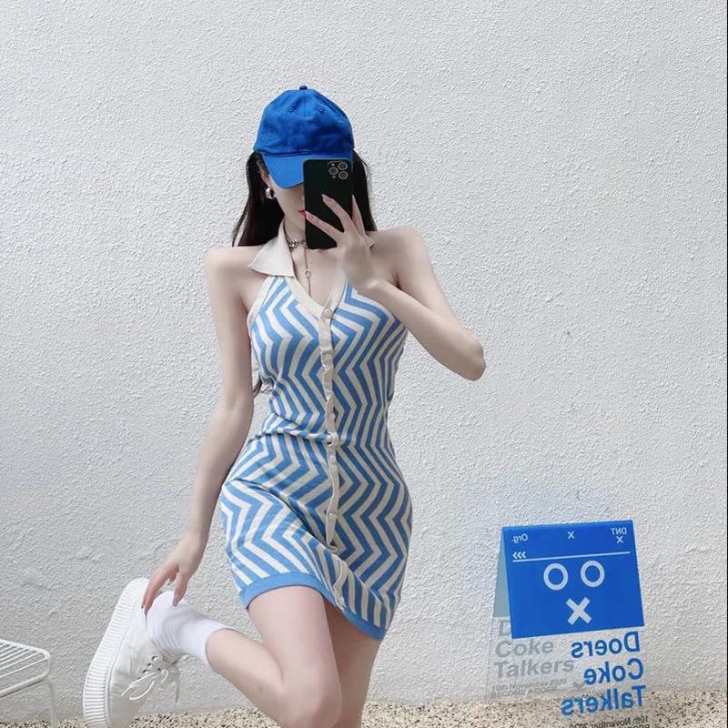 Knit Stripes Sexy Turn-down Collar Sleeveless Women Tight-fitting Hip Dress Bodycon Summer Button Closure