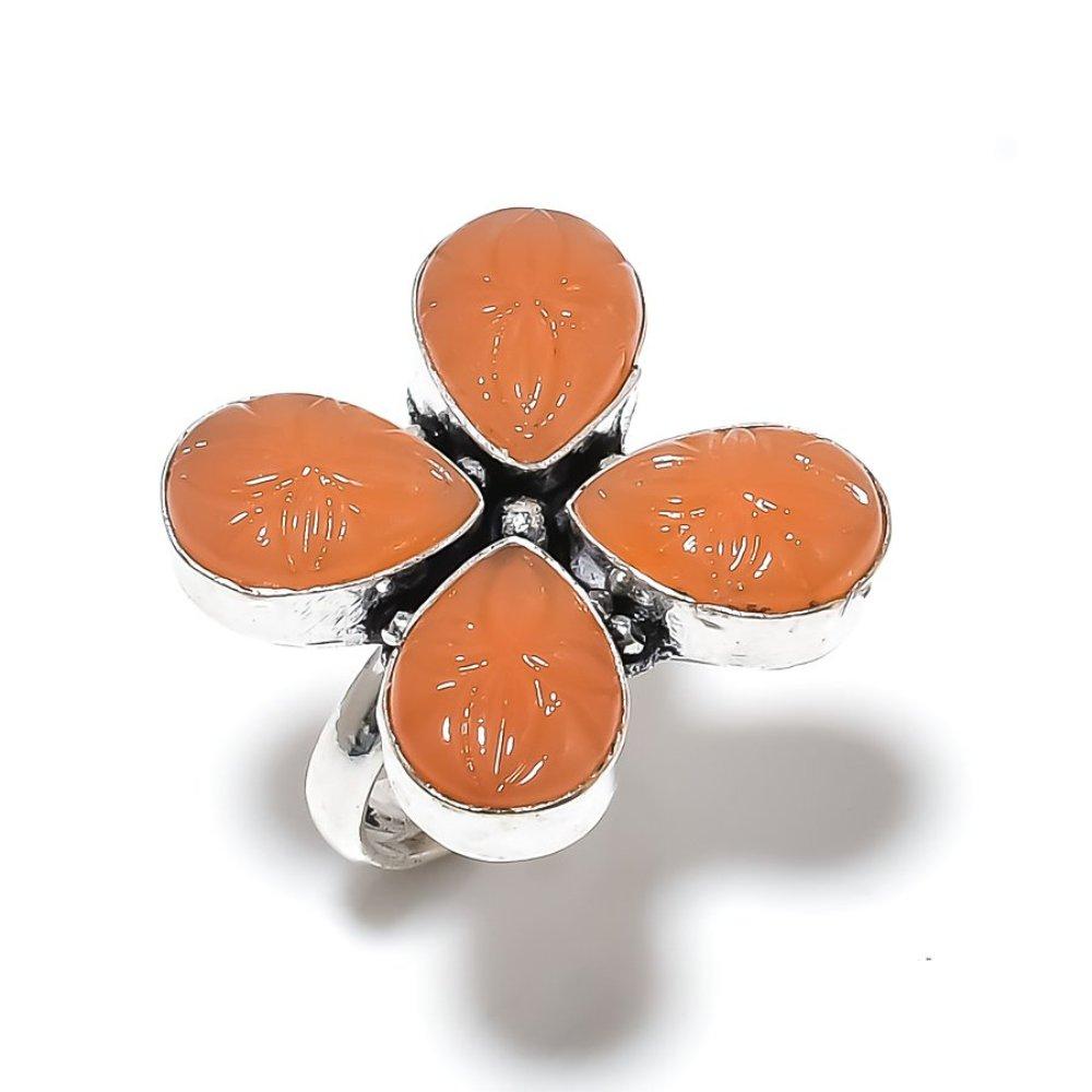 Natural Orange Carnelian Gemstone 925 Sterling Silver Ring Size Adjustable C9v04