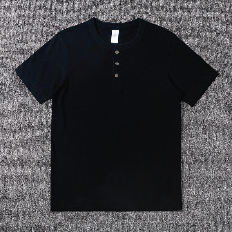 Heavyweight Slub Cotton Men‘s T-Shirt Henley Neck American Vintage Loose Soft Undershirt Summer