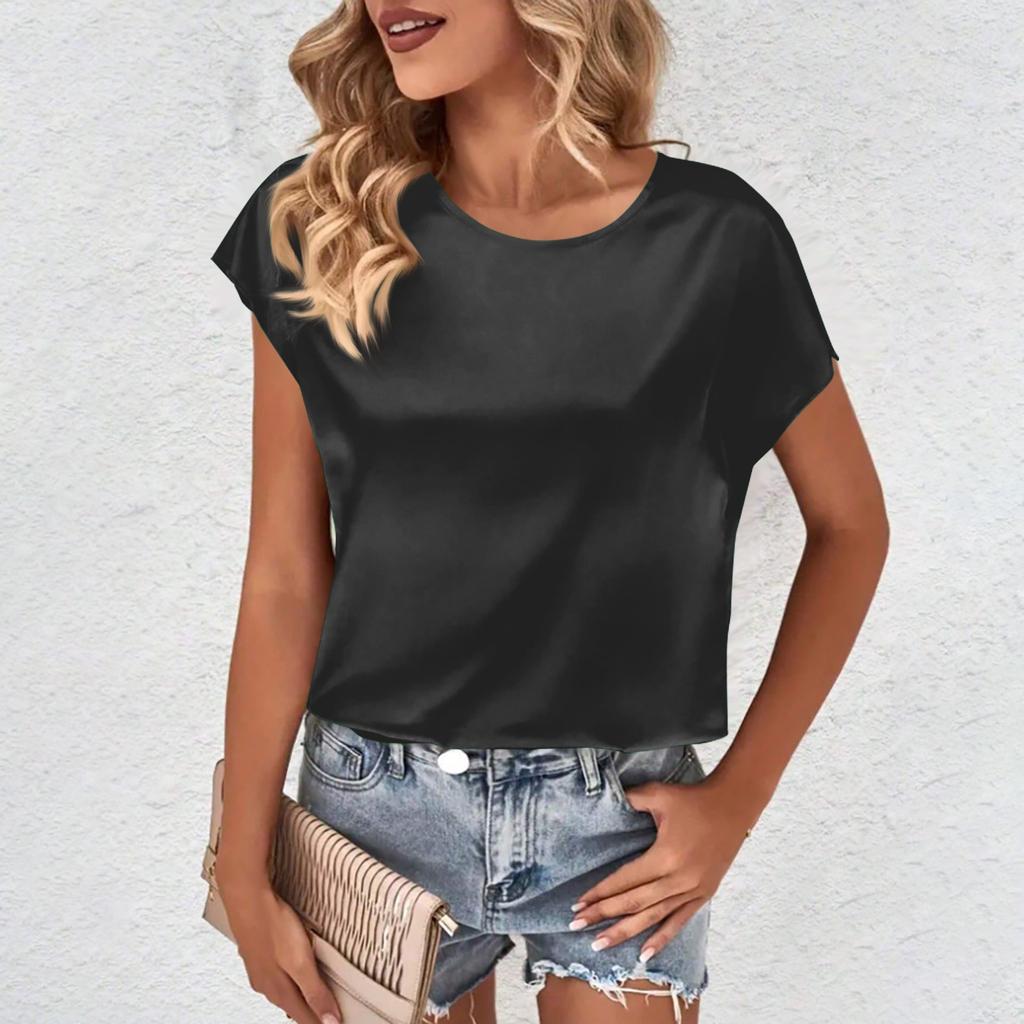 Женские повседневные топы без рукавов, однотонные атласные универсальные рубашки с круглым вырезом, топы