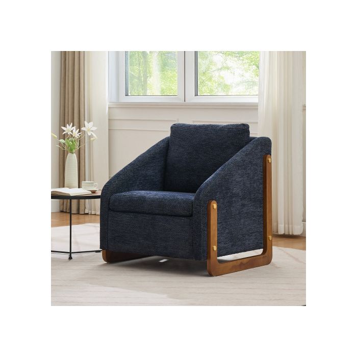 Fauteuil, Fauteuil En Bois Avec Coussin De Dossier, Tissu Velours Bleu, Pièce Unique
