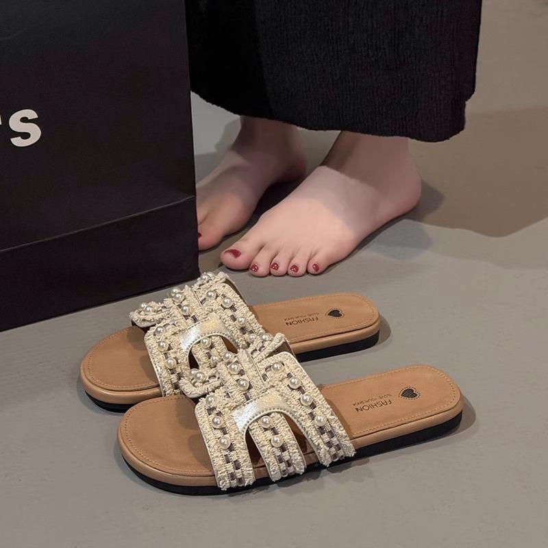 Мягкая овчина~ Жемчужные прохладные тапочки женские летние новые на плоской подошве нескользящие с юбкой нежные тапочки на один палец