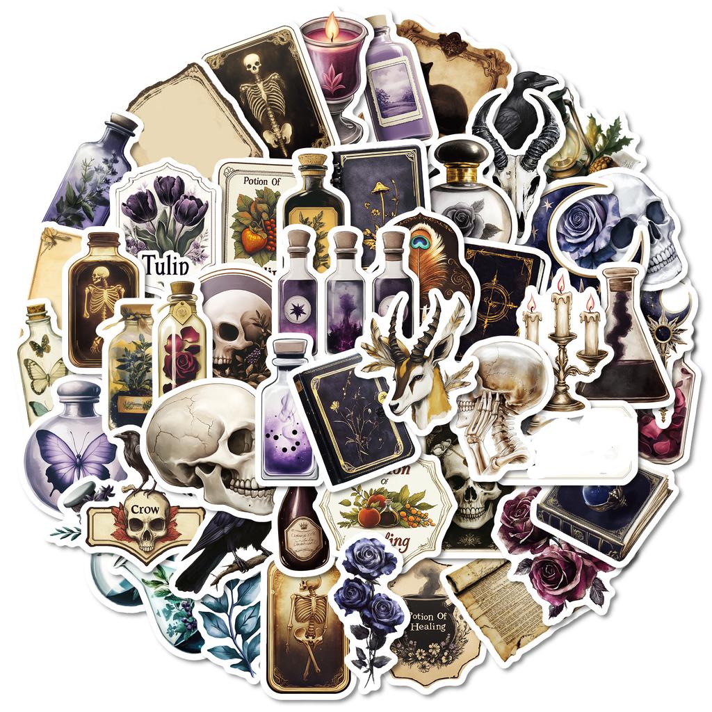 50 Pcs Dark Aesthetics Decorative Stickers Oil Lamp Crow Non Repeating Waterproof Stickers