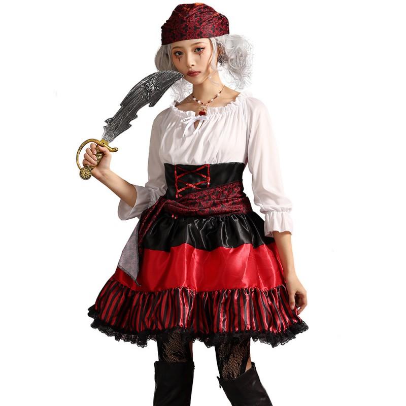 Halloween Costume Girls Pirate Cosplay Outfit Red White Striped Lace Off-Shoulder Dress With 7/8 Sleeves