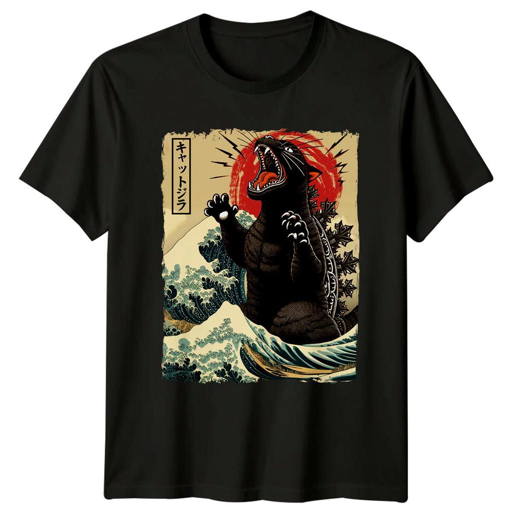 Футболка KattJira Catzilla Пародия, Смешной Кот Волна Японский