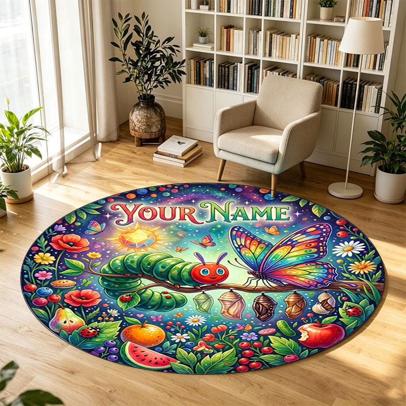 Butterfly Moth Dragonfly (82) Theme Circular Crystal Velvet Carpet Customized Name & Text Round Soft Floor Rug For Living Room Bedroom Decor