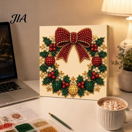 Indoor Decoration Ideas Christmas Faux Pearl Art Kit, Santa Snowy Cottage Painting DIY Festive Winter Home Decorations 3D Bead Craft Set for