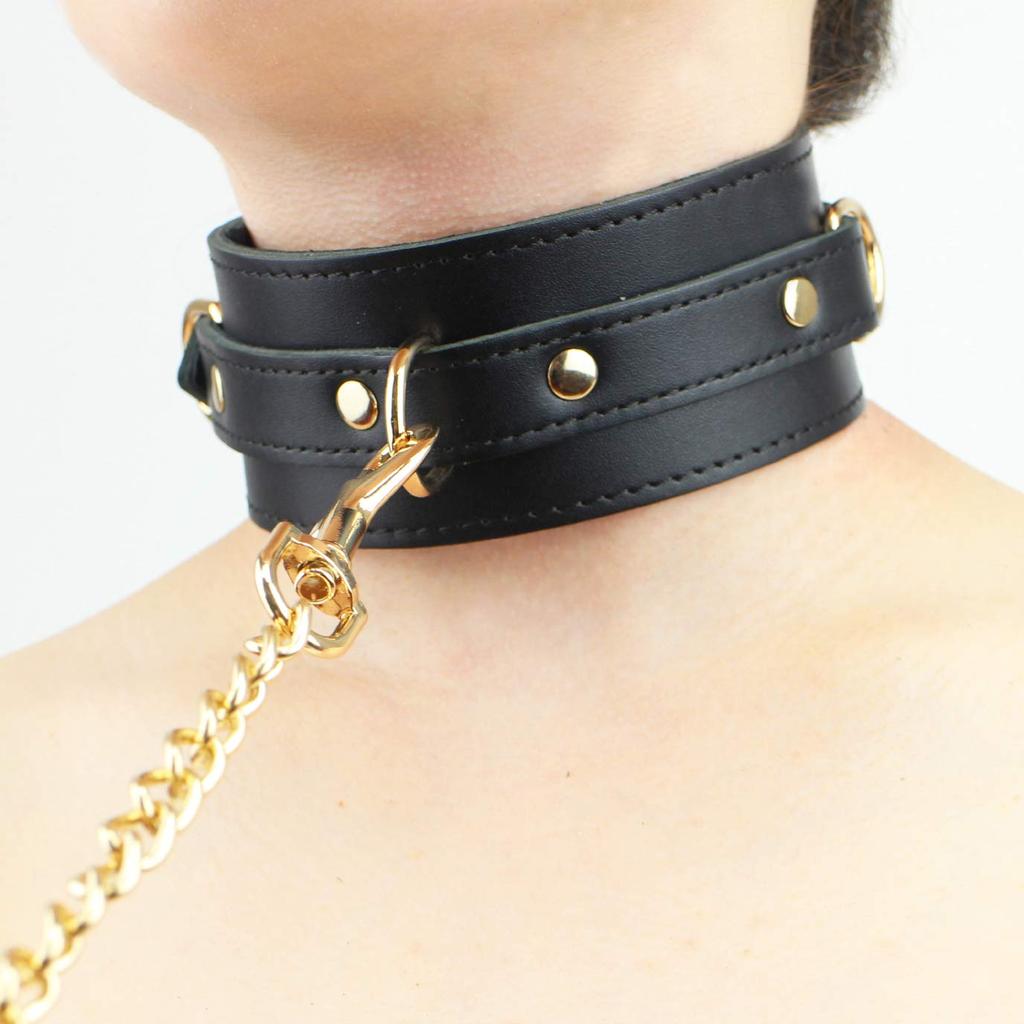 Liebe Seele SM Goods Collar and Handcuffs Black Set Genuine Leather High Quality Cosplay X Gold (black Hardware)