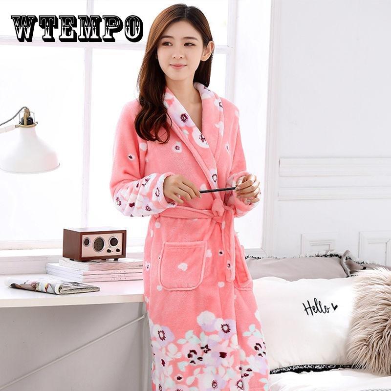 Printed Flannel Pajamas Coral Fleece Nightdress Robes Indoor Homewear Mid Length Bathrobes