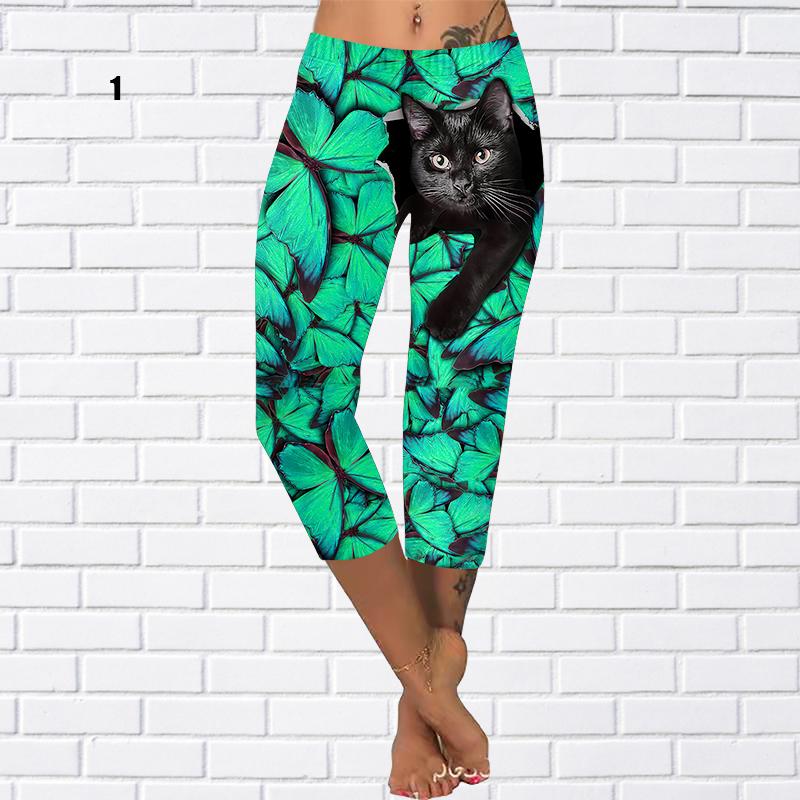 Брюки Летние желтые короткие леггинсы с бабочкой Укороченные узкие брюки Леггинсы больших размеров Женские брюки с маленькой черной кошкой Укороченные брюки для женщин 2022
