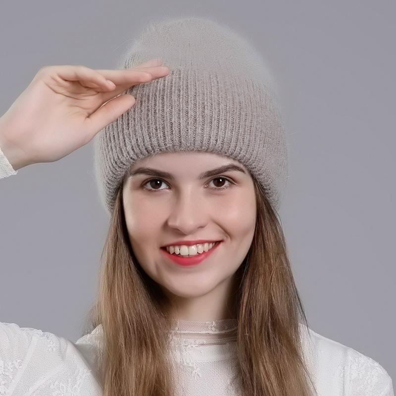 Women Autumn Winter Versatile Rabbit Hair Warm Knitted Wool Solid Color Pullover Hat