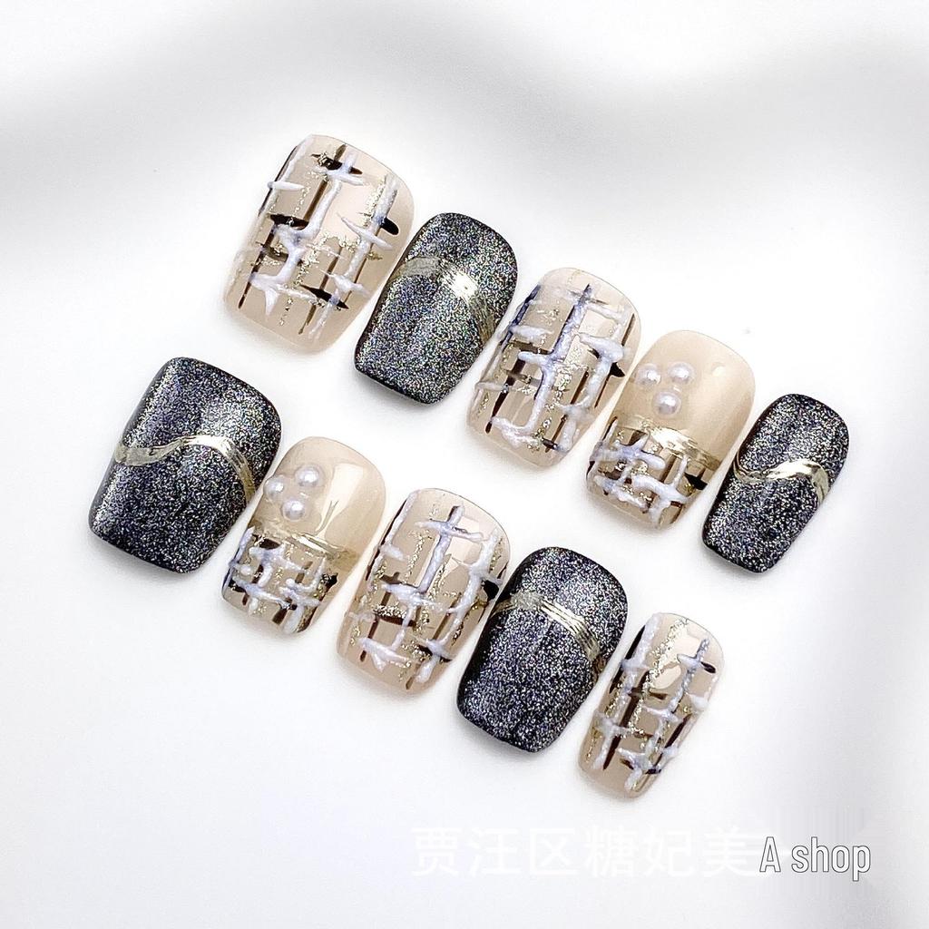 Tang Fei 3D Кошачий Глаз Черный Ароматный Маникюр - Полностью Ручная Работа, Носимый, Зеркальная Пудра, Супер Короткий Стиль Лестница