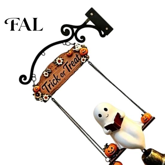 Rustic Wall Mounted Bell Ghost Wind Chime Hanging, Halloween Porch Yard Decor with Resin Metal Bell, Outdoor Decoration Vintage Farmhouse Ornament for