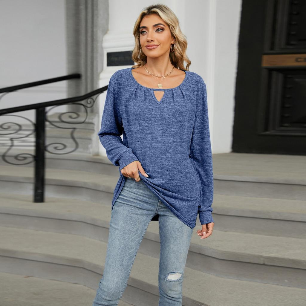 Women's Solid Color Crinkled Brushed Cutout Loose Long Sleeve T-shirt Fall Winter Casual Tops Leisure Export