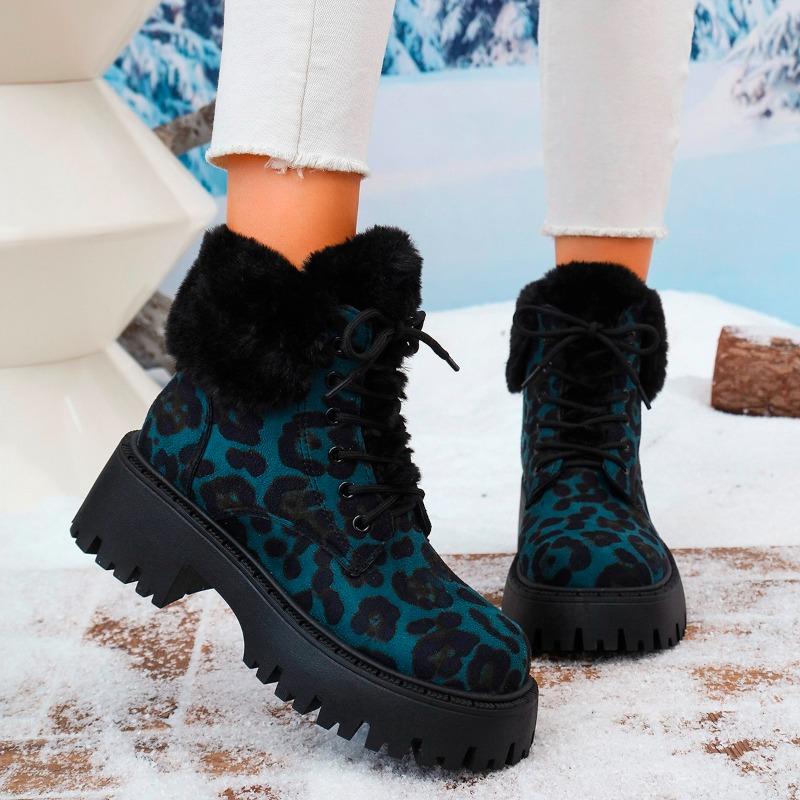Fashion Women's Fashion Thick Heel Cotton Boots Winter New Round Head Leopard Print Front Lace-up Anti-slip Wear-resistant Short Boots