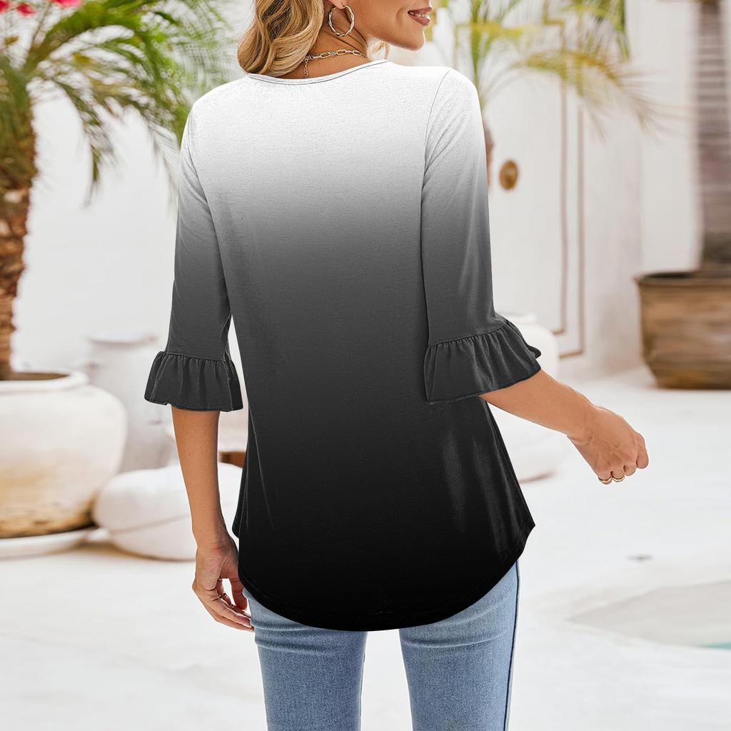 Женские повседневные топы с рукавами 3/4, летние футболки с квадратным вырезом, свободные туники с рюшами, блузки-туники
