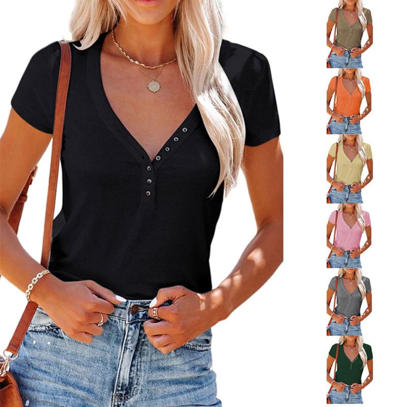2025 Spring and Summer New European and American Clothing Sexy V-neck Top T-blood Short-sleeved Women