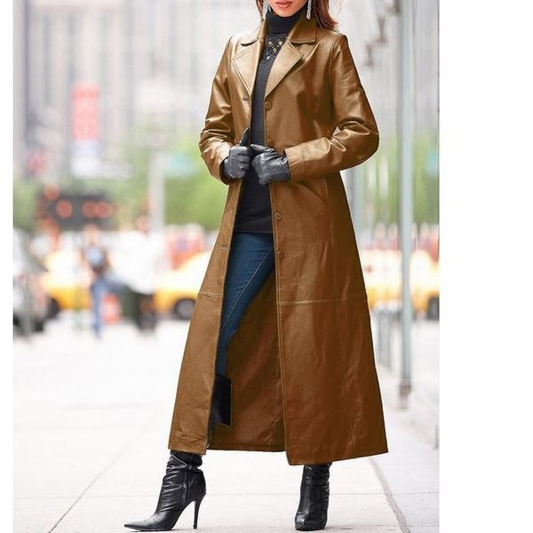 Women Fashion Long Leather Jacket Casual Loose Button Plain Long Raincoats Steampunk Jackets Gothic Lapel Jackets Biker Jacket