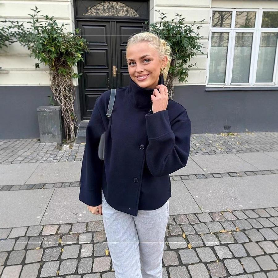 Осень Зима Новая Женская Одежда Элегантное Изящное пальто с воротником-стойкой на пуговицах с длинным рукавом из смесовой шерсти Толстое