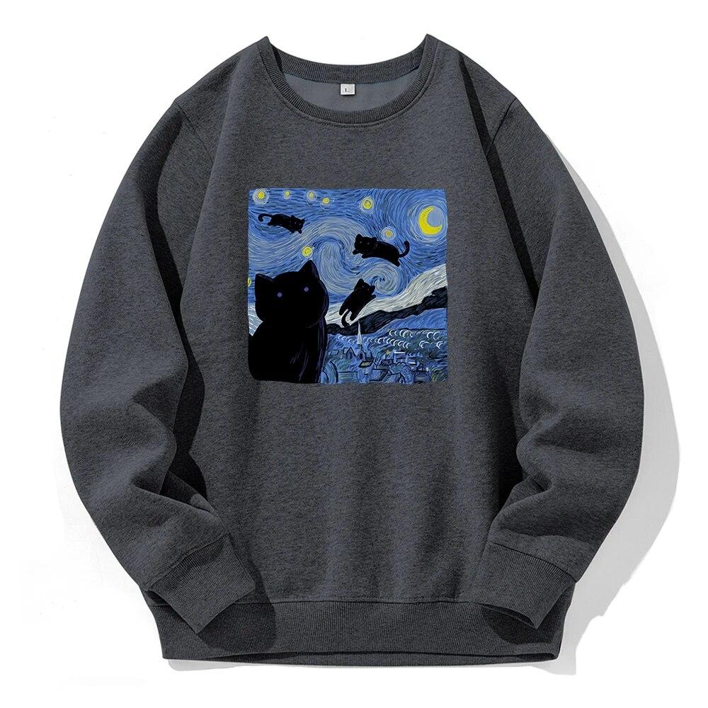 Картина маслом Черная кошка Звездная ночь Печать с капюшоном Унисекс Спортивная мода Новые толстовки с капюшоном из флиса Теплая толстовка Свободная толстовка большого размера
