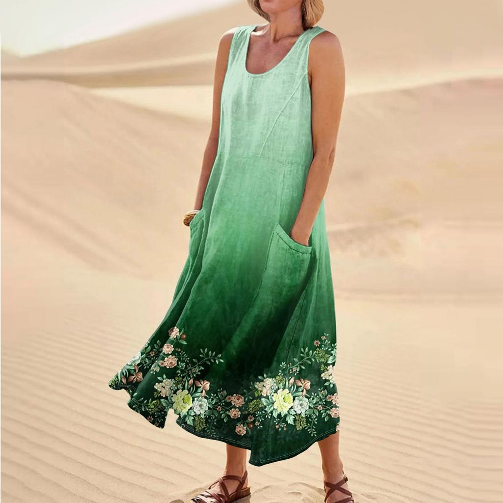 Женское летнее повседневное модное платье без рукавов с круглым вырезом и карманом в стиле ретро