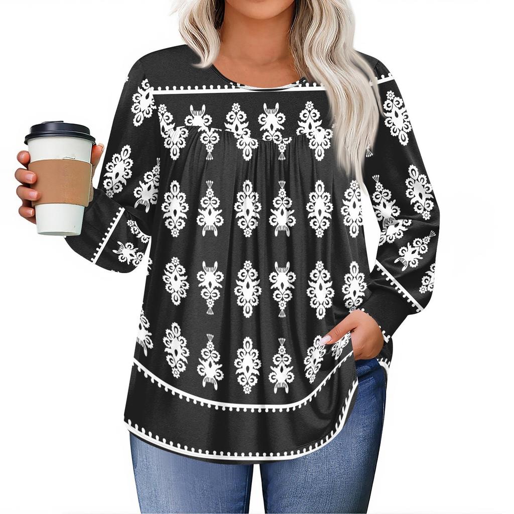 Womens Plus Size Tops Long Sleeve Shirts Round Neck Flowy Tunic Casual Loose Blouse L-5X