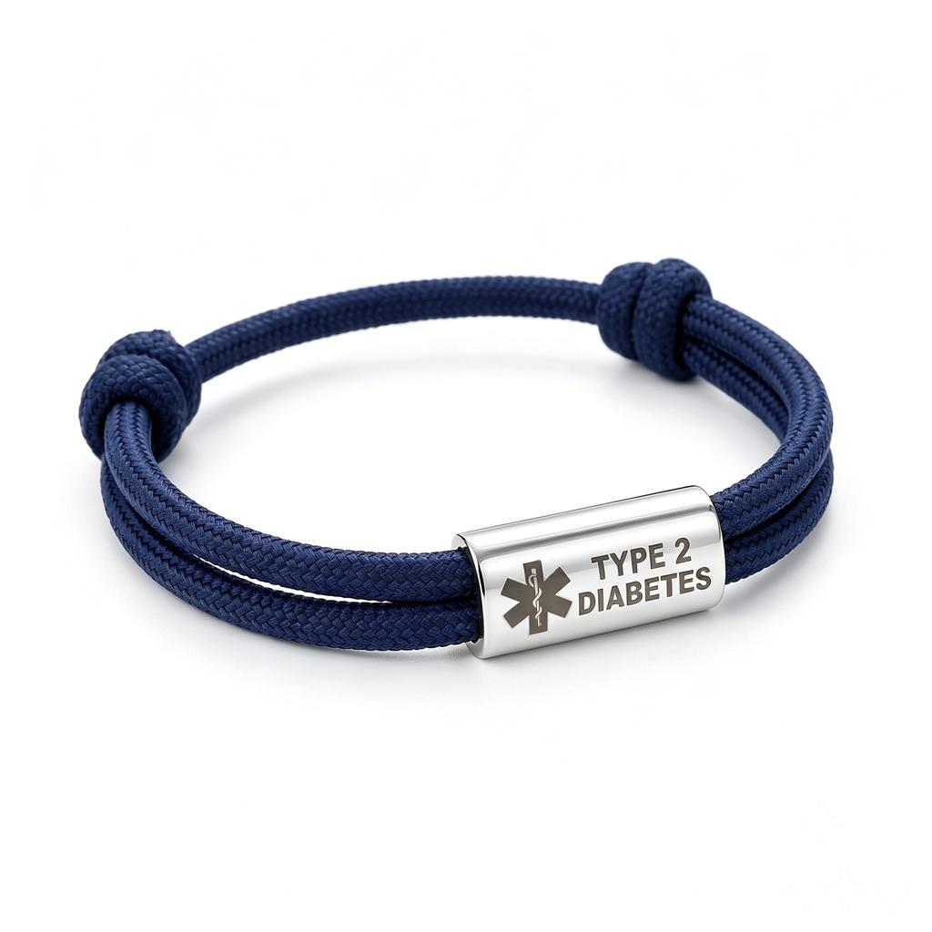 Type 2 Diabetes Bracelet Stainless Steel Engraved Bar Double Braided Nylon Rope for Men Women