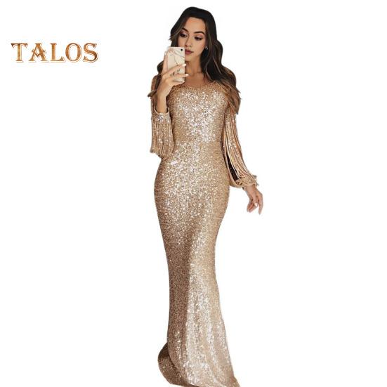 Женское платье для выпускного вечера с кисточками и рукавами-футляром, облегающее платье с V-образным вырезом, однотонное вечернее платье с блестками и рыбьим хвостом, коктейльное платье макси