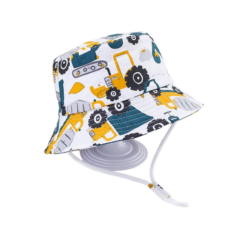 New Summer Baby Hat Cartoon Print Wide Brim Fisherman Hat for Boys Girls Adjustable Chin Strap Infant Beach Cap