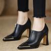 2024 Autumn Women's Black Leather Pointed Toe High Heels with British Style Metal Toe Anti-Collision Design