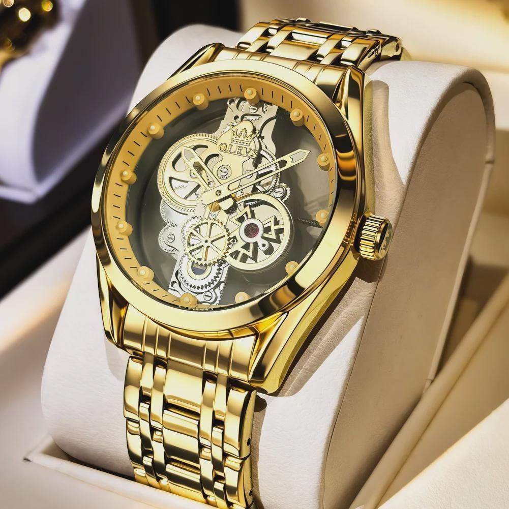 OLEVS Men's Fashion Hollow Skeleton Quartz Wrist Watch Stainless Steel Bracelet Waterproof Luminous Hands Luxury Casual Male Watch