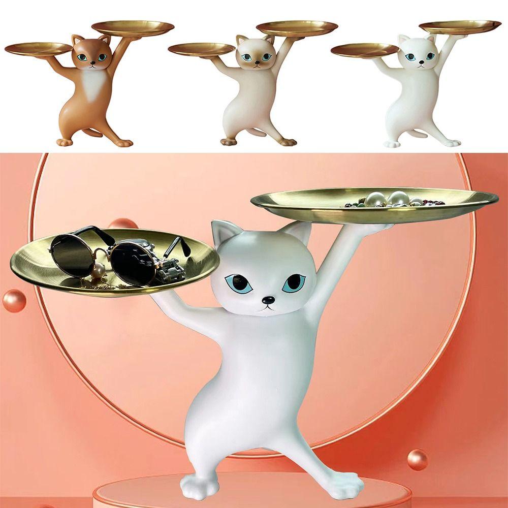 Whimsical Design Cat Support Tray Resin Ket Candy Dish Cartoon Cat Figurine Room Decoration