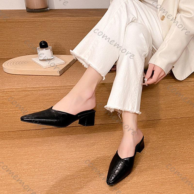 Празднуйте Летние Женские Элегантные Полушлепанцы на Толстом Каблуке для Улицы Большого Размера Мюли на Среднем Каблуке Шлепанцы Сандалии Однотонная Обувь Женская