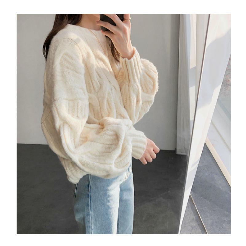 Lantern Sleeves Round Neck Twist Sweater Female Daily Casual Autumn and Winter Korean Version of Loose Thickened Twist Pullover Knitted Sweaters