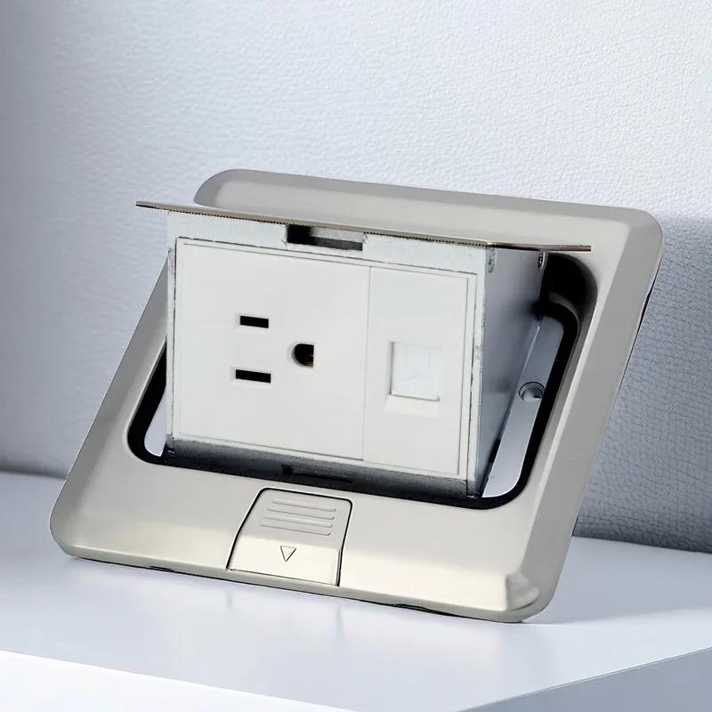 Floor Electrical Outlet Pop Up Kitchen Countertop Waterproof Sockets Pop Out Receptacle Stainless Steel Box Golden Cover 15A
