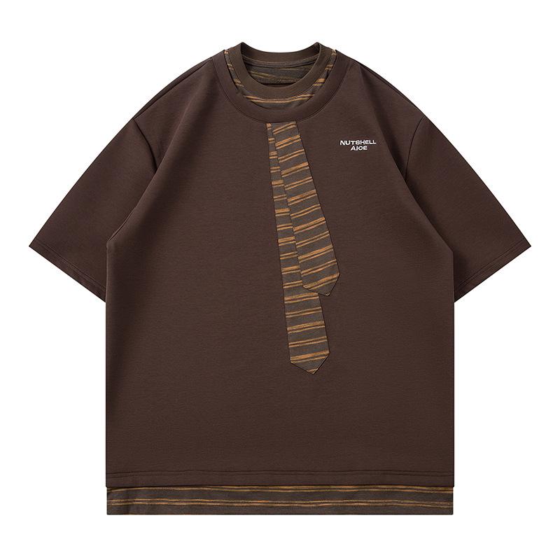 Men's Casual Short Sleeve Color Block Crew Neck T-Shirt with Embroidered Tie Design