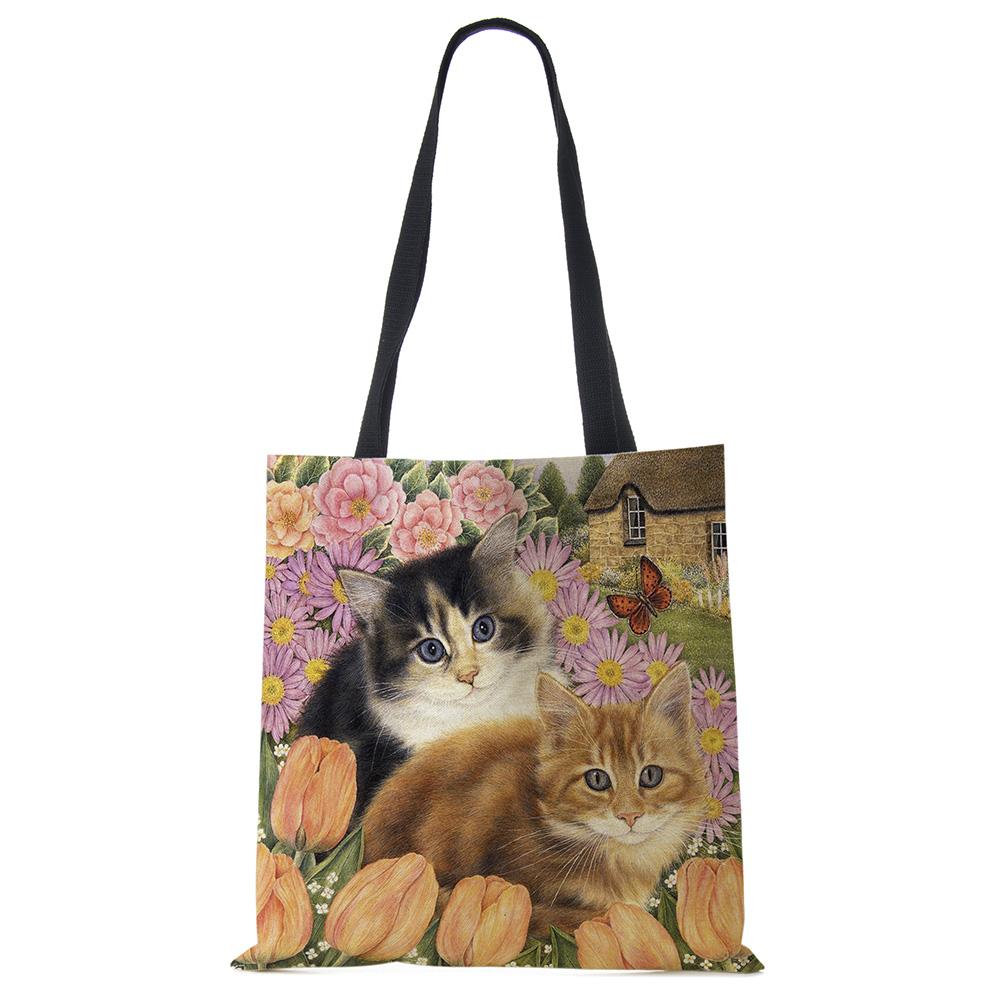 Cute Cat Flower Painting Print Womens Designer Tote Bags Women Handbag Large Shopping Bag Foldable For Groceries CLE