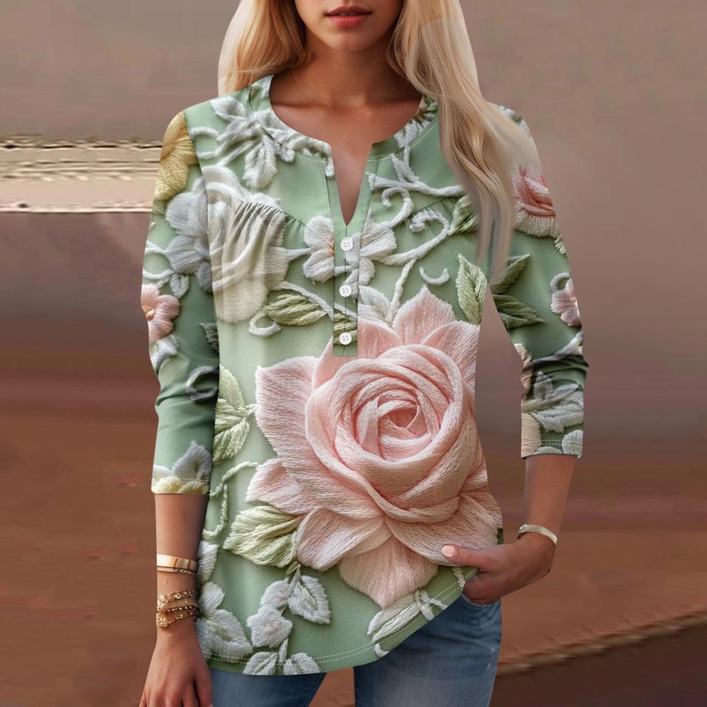 Женская мода повседневный топ с длинным рукавом и круглым вырезом с цветочным принтом