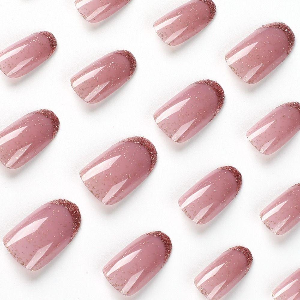 24pcs Manicure Press on Nails DIY Short Almond French False Nails Pink Grey