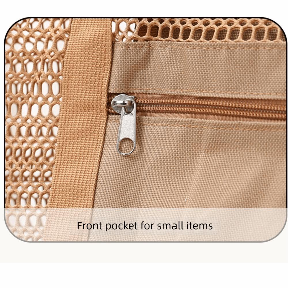 Soild Color Nylon Mesh Beach Bag Zipper Large Capacity Mesh Handbag Hollow Out Multifunctional Toiletry Storage Bag Cosmetic Bag