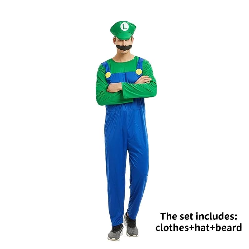 Anime Super Mario Bros Costume Jumpsuit Mario Luigi Cosplay Costume Hat Beard Suit Halloween Costumes For Adult