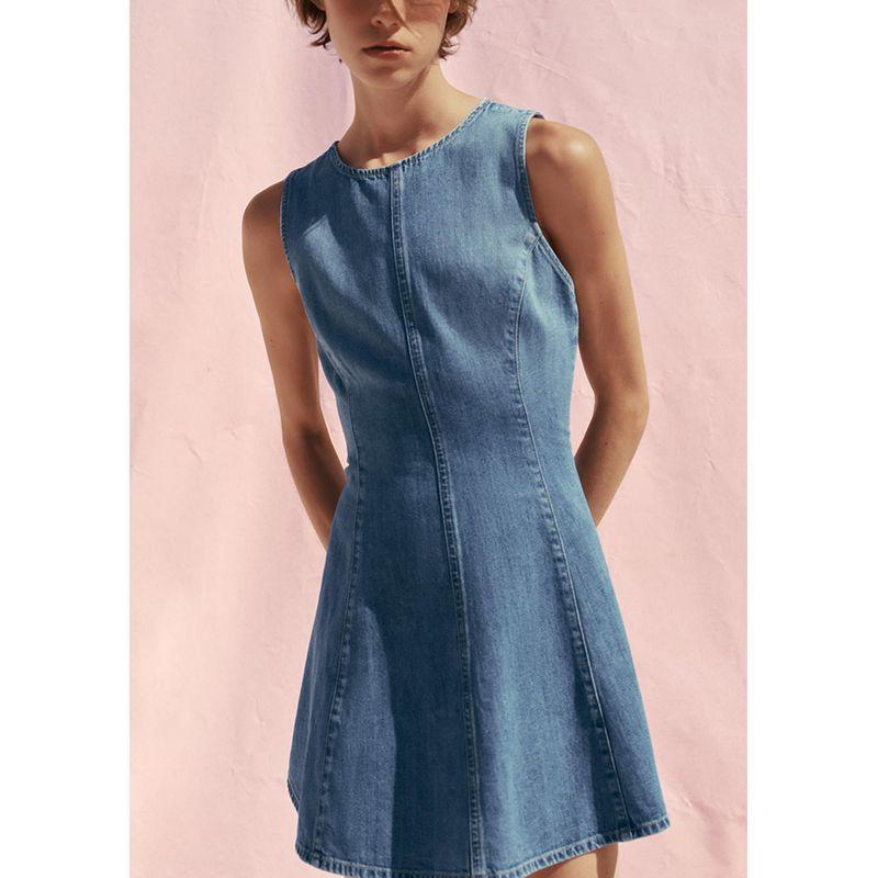 Summer New Arrival Women Clothes American Simple Style Short Wave Wide Swing Round Neck Demin Dress 3607080