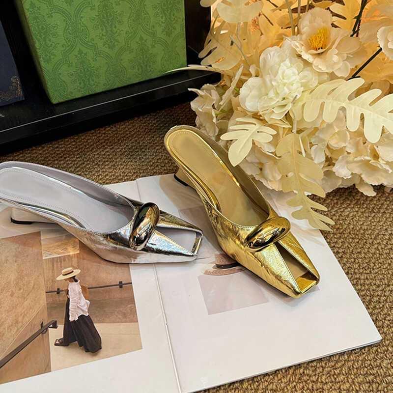 Fashion Slippers Women's Spring and Summer 2025 New French Metal Buckle Fish Mouth Square Toe Sexy Cool Drag Outside High Heels