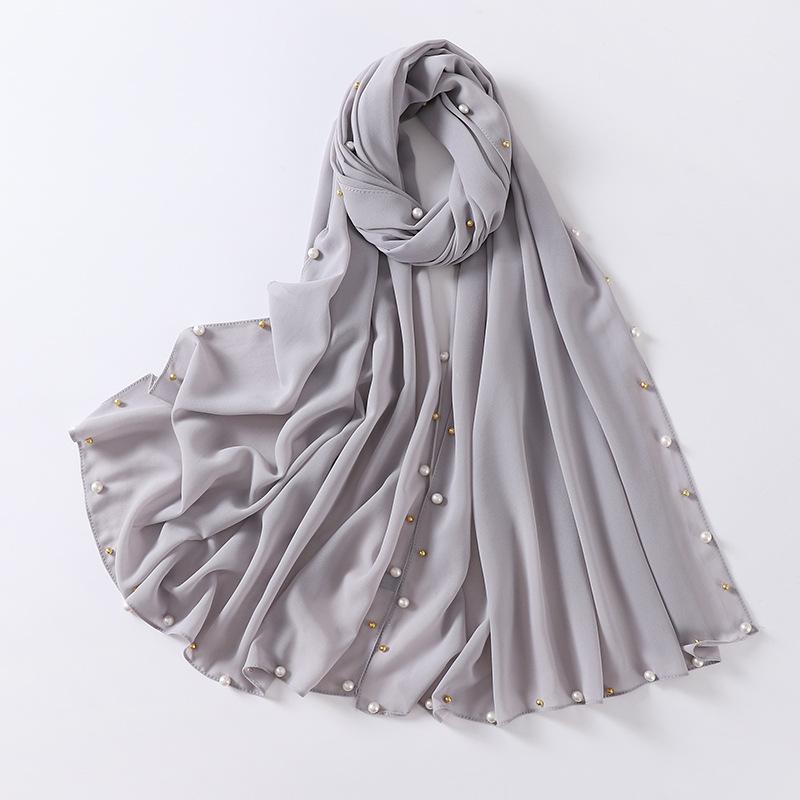 20252025 Solid Color Fashion Solid Color Chiffon Nails Pearl Scarf Women's Bag Headscarf Chiffon Cover Headscarf