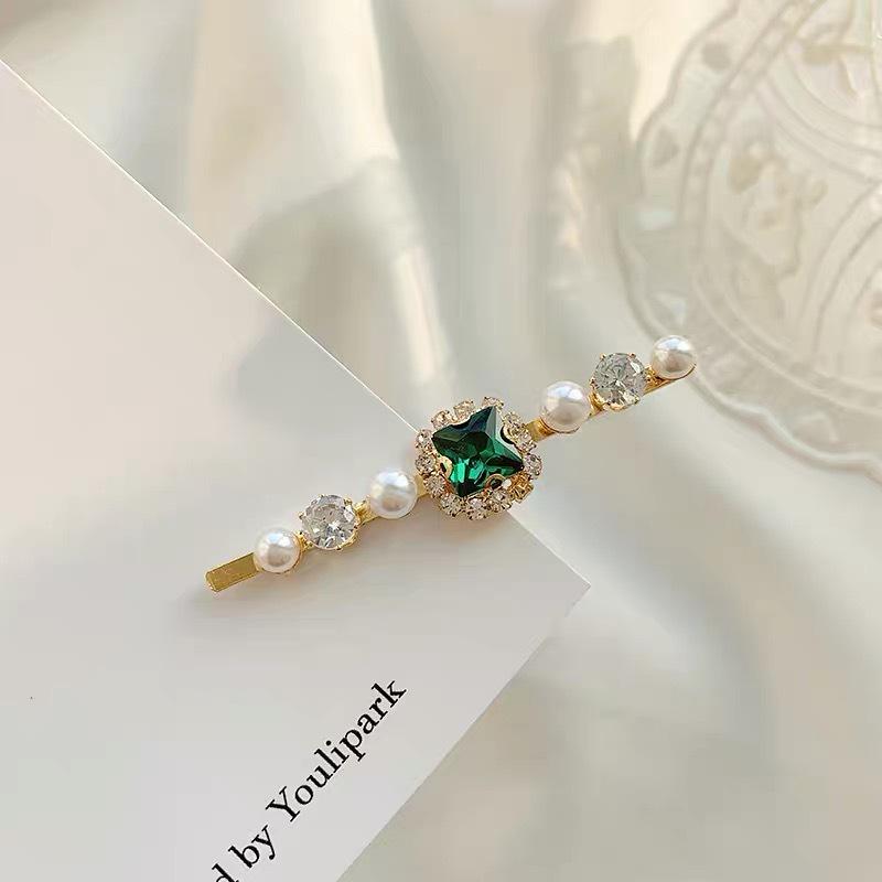 Emerald Rhinestone Retro Hair Clip for Women - Versatile, Elegant One-Word Hairpin for Bangs